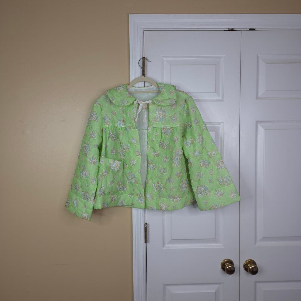 Vintage Mint Green Quilted Satin Bed Jacket Ribbon Tie Loungewear OS